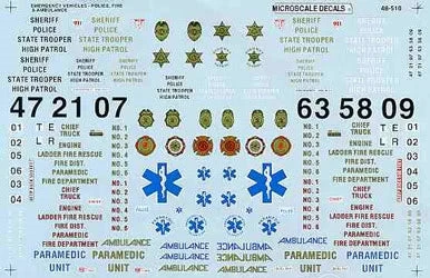 Microscale Decals 1/48 O Scale Emergency Vehicles Police, Fire, Ambulance 48-510
